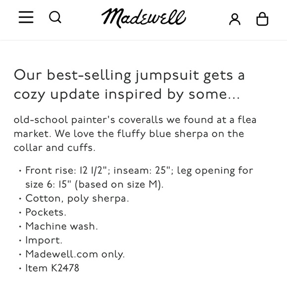 Madewell Sherpa Collar Jumpsuit size Medium - Picture 5 of 8